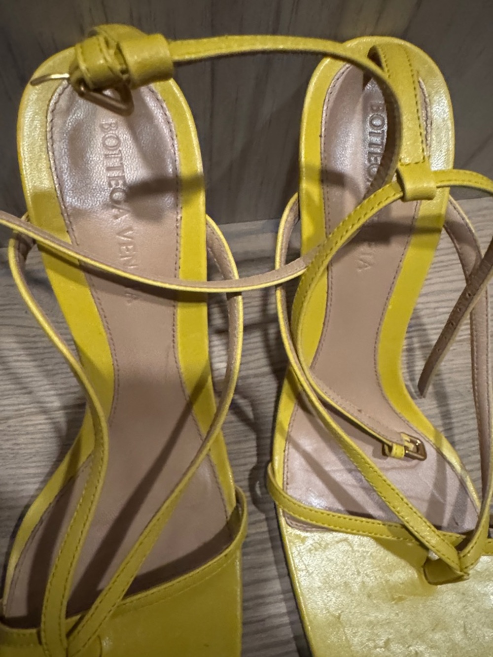 Bottega Veneta Bright Yellow Strappy Square-Toe Heels - Picture 2 of 4